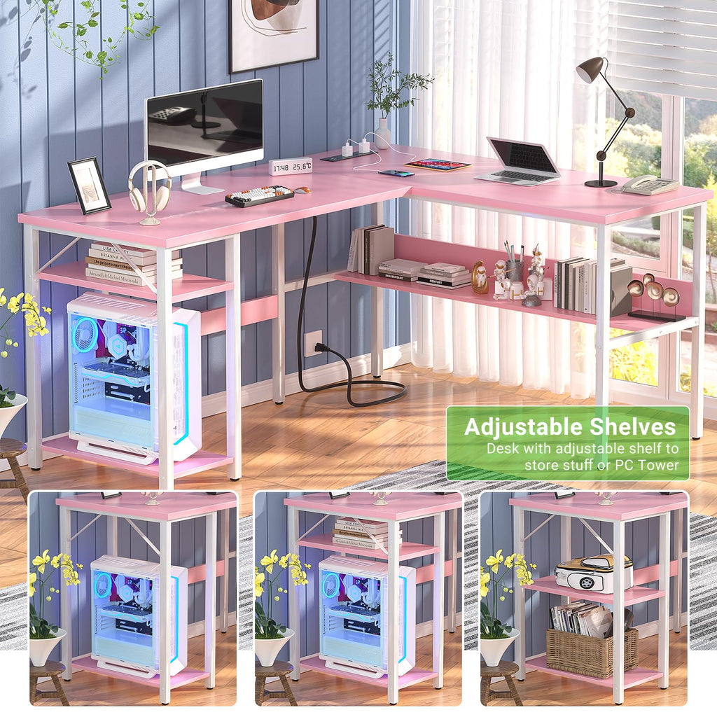 Pink L Shaped Desk with Power Outlets and USB Charging Ports A6189
