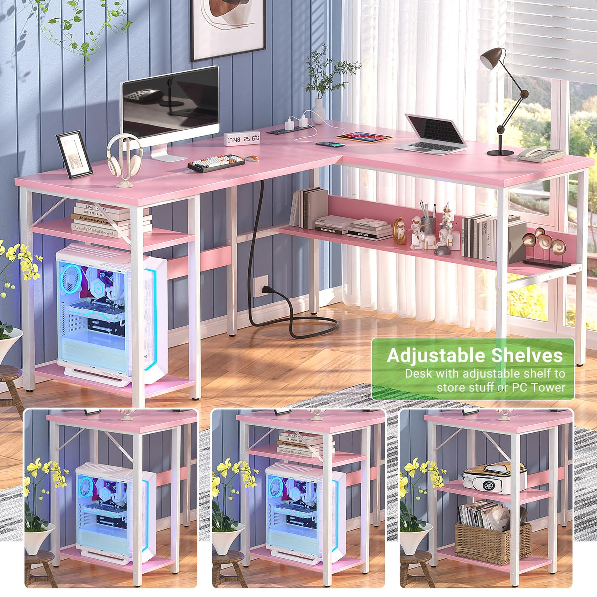 Pink L Shaped Desk with Power Outlets and USB Charging Ports A6189