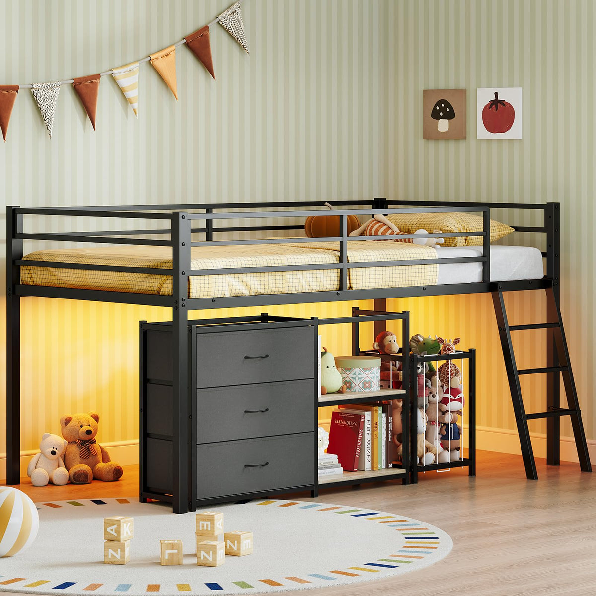 Black Twin Size Metal Low Loft Bed with 3 Drawers and Storage J1511