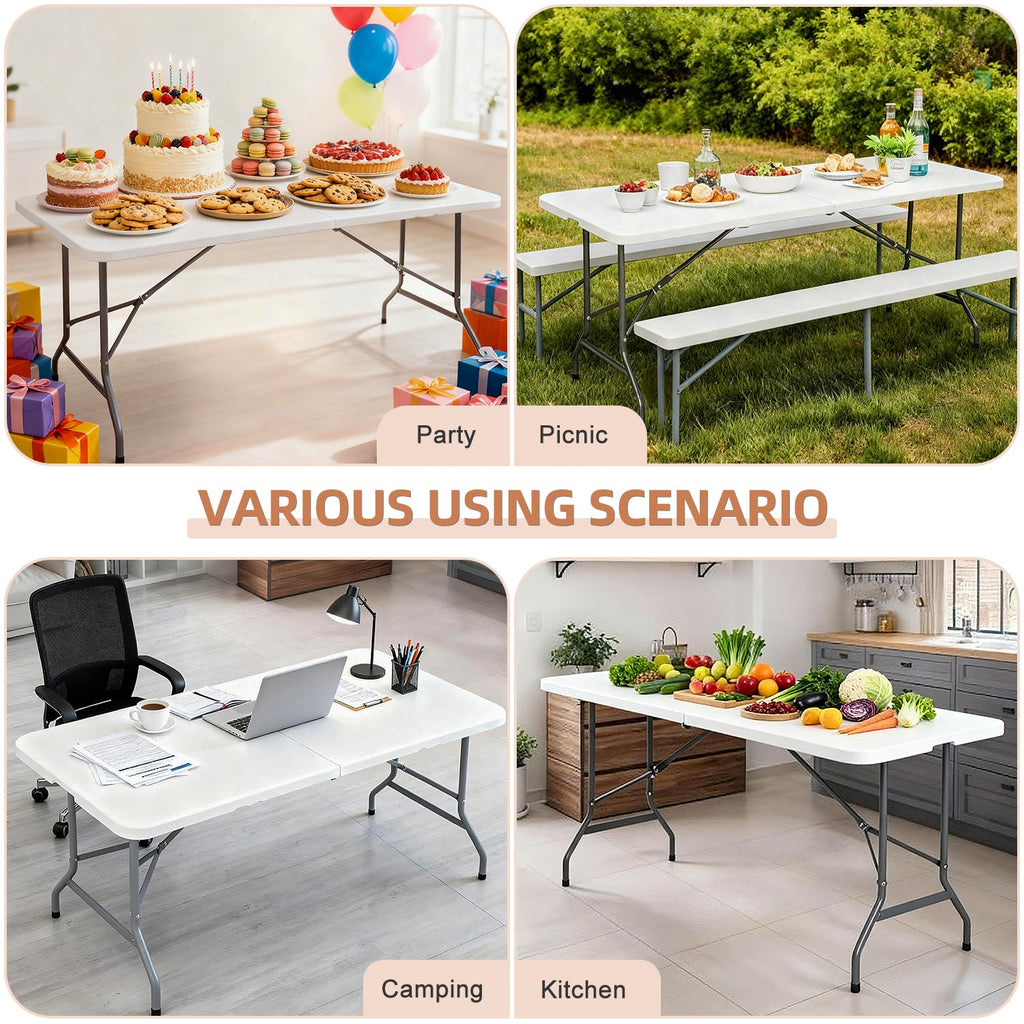 6 ft Heavy Duty Plastic Folding Table with Steel Legs, White I6942