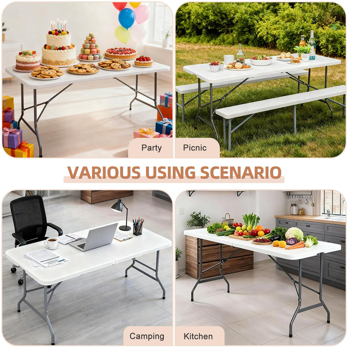 6 ft Heavy Duty Plastic Folding Table with Steel Legs, White I6942