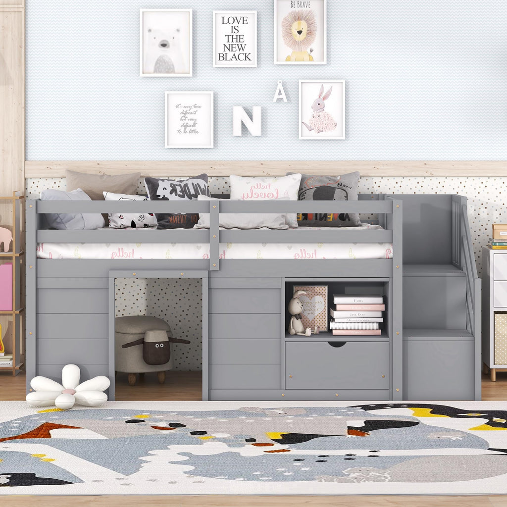 Twin Size Wood Loft Bed with Storage D983610