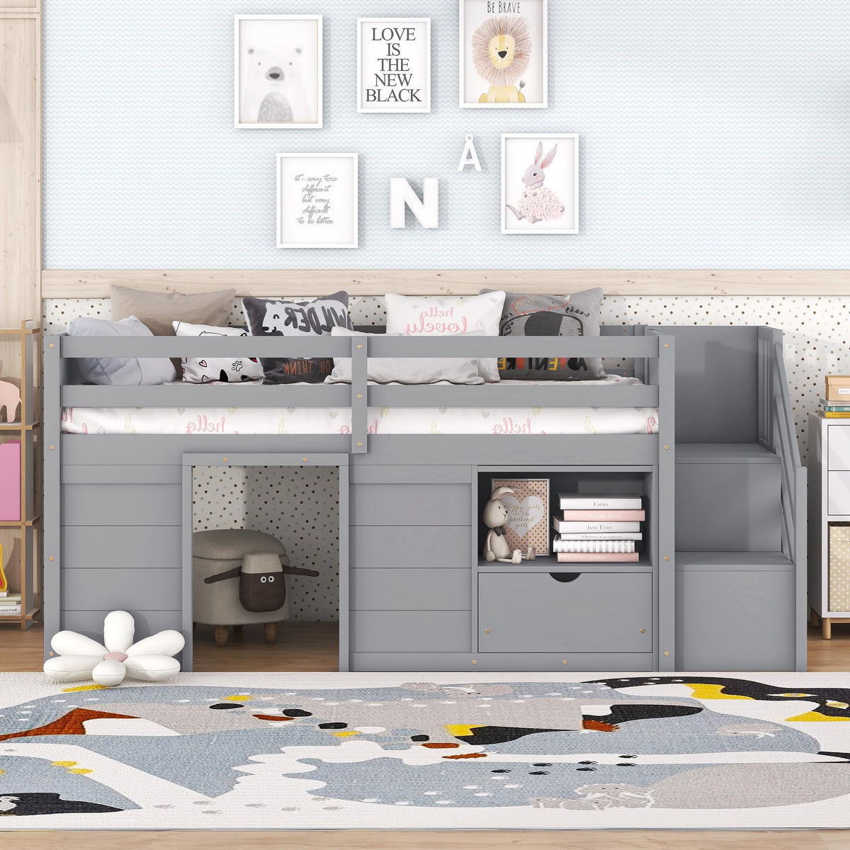 Twin Size Wood Loft Bed with Storage D983610