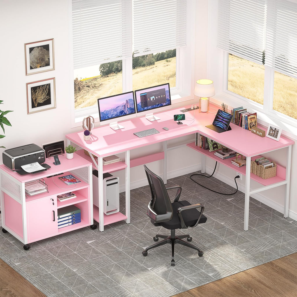 Pink L Shaped Desk with Power Outlets and USB Charging Ports A6189