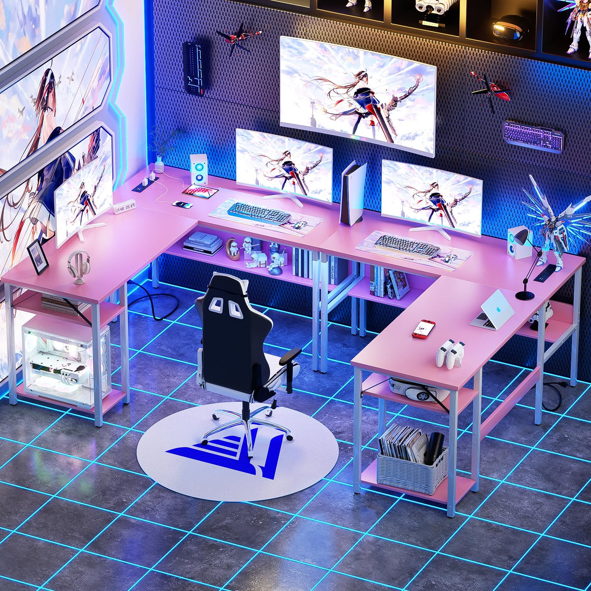 Pink L Shaped Desk with Power Outlets and USB Charging Ports A6189