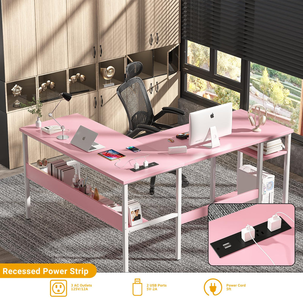 Pink L Shaped Desk with Power Outlets and USB Charging Ports A6189