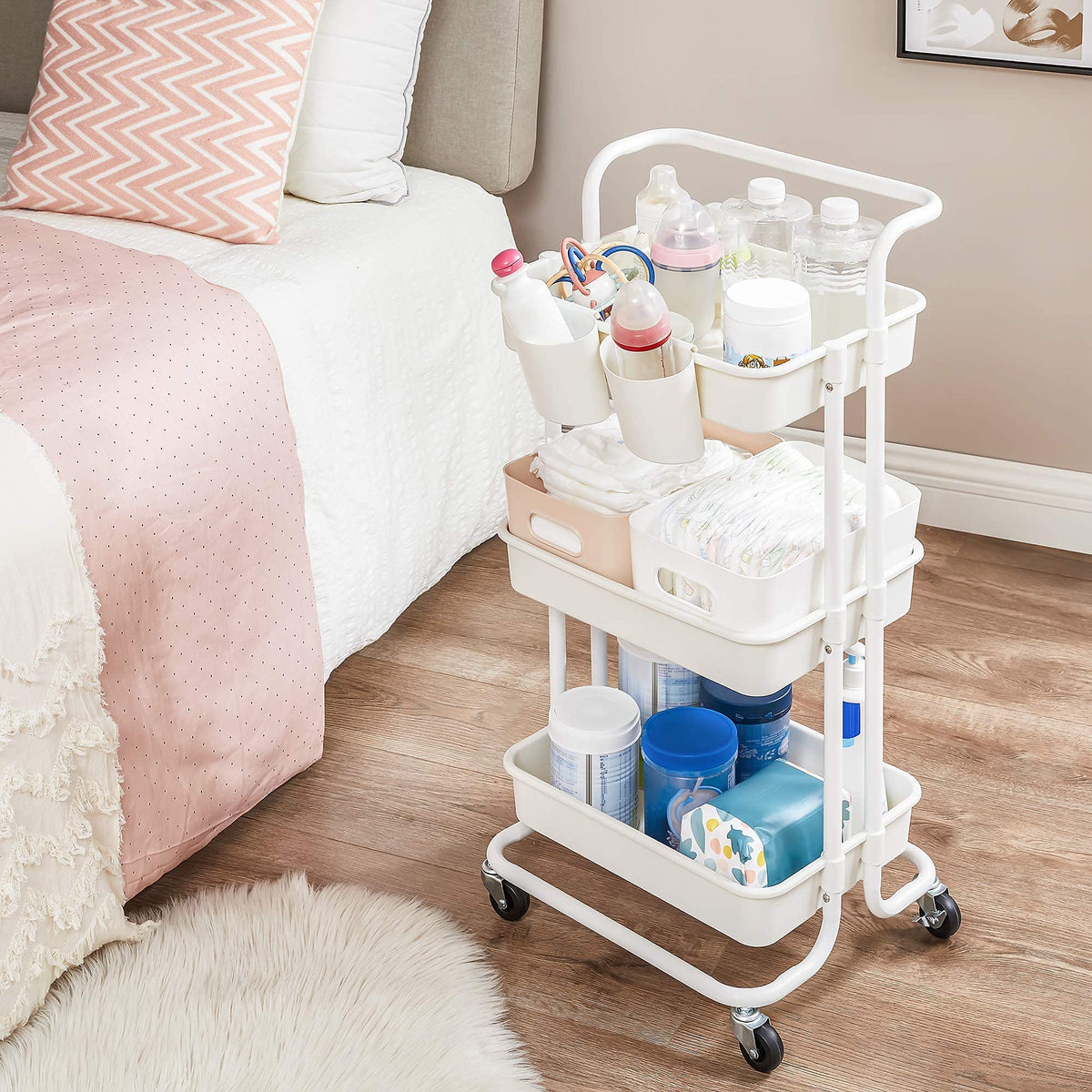 3-Tier Plastic and Steel Rolling Cart with Handle and 2 Brakes W7955