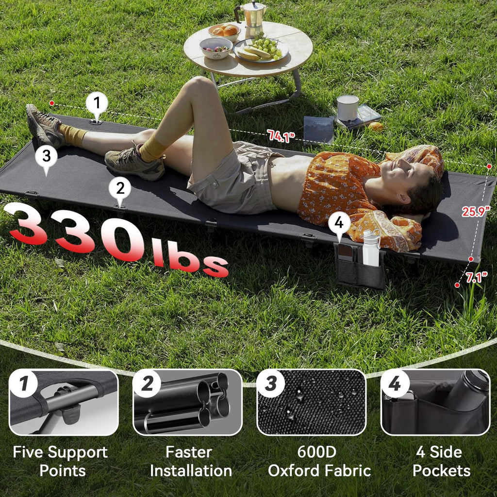 Ultralight Portable Folding Camping Cot with 2 Side Pocket H4676